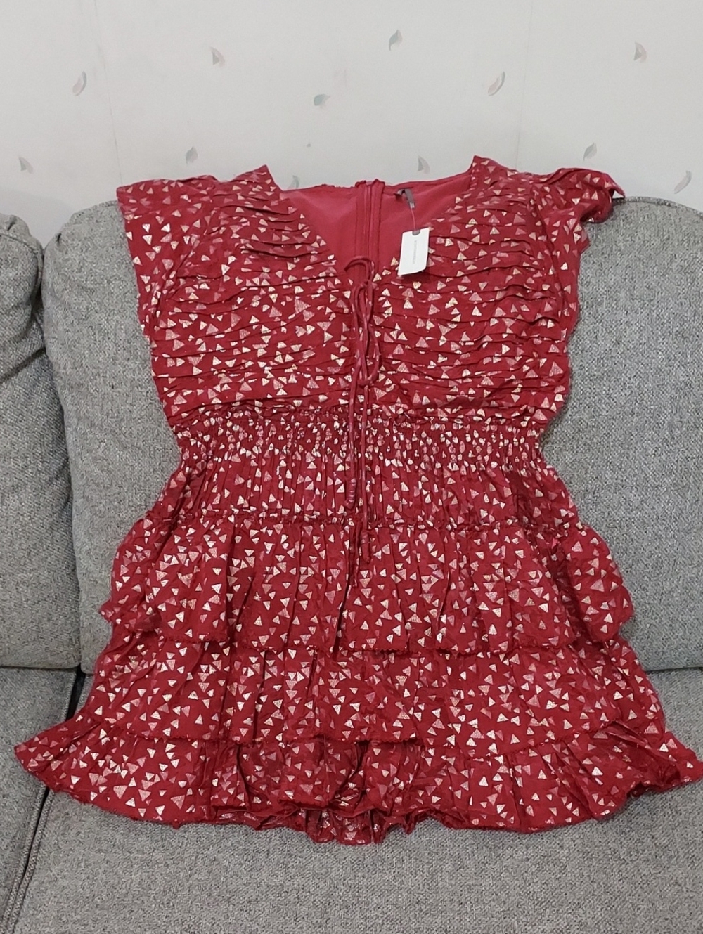 Anthropologie Red Triangle Print Ruffle Tiered Dress
